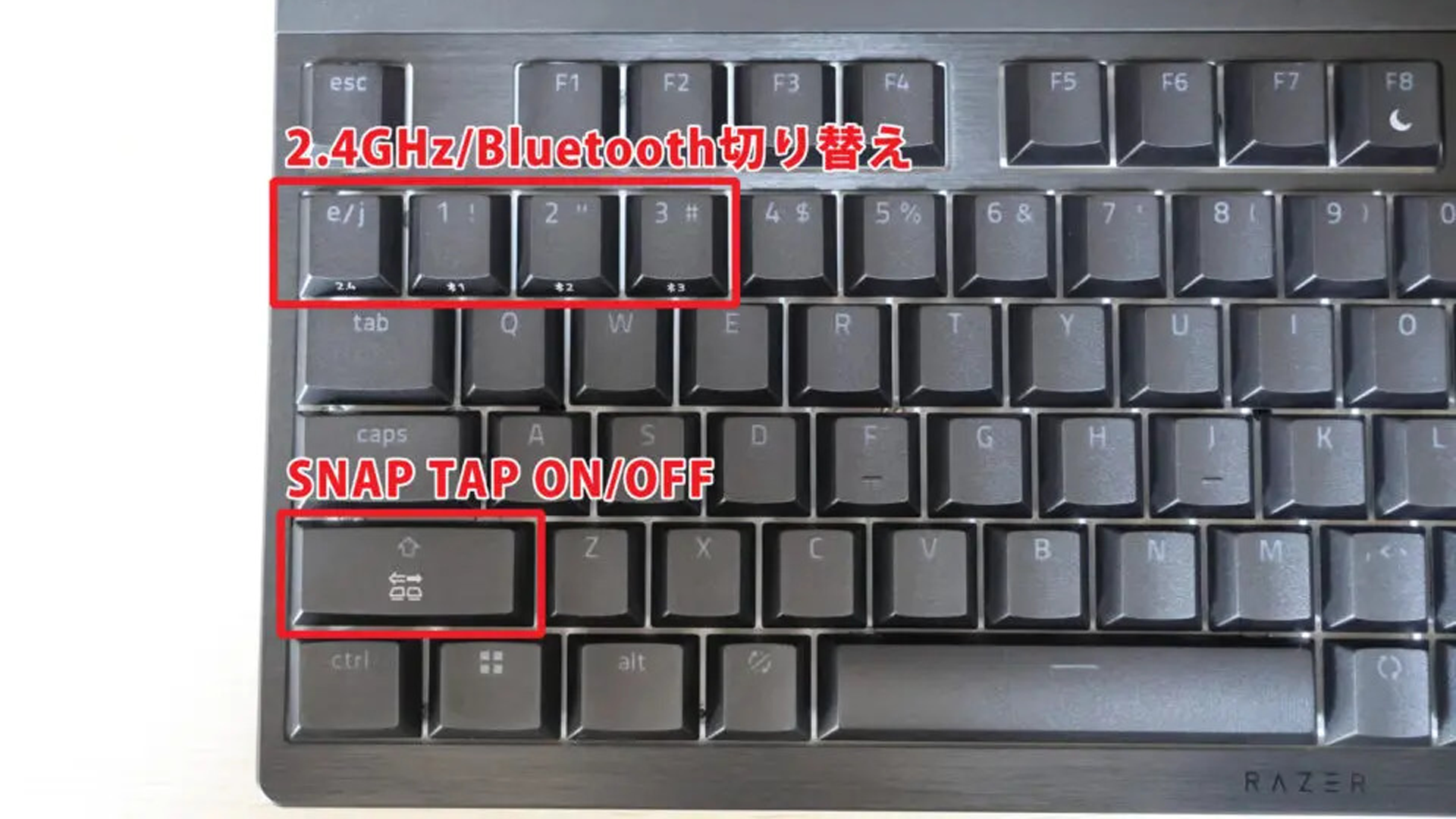 2.4Ghz接続、Bluetooth接続切り替えボタンとSNAP TAPのオン/オフキー