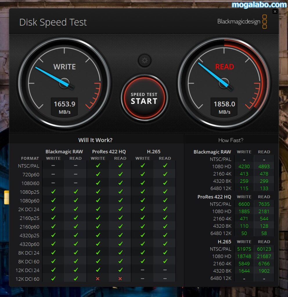 Blackmagic Disk Speed Test（EXCERIA G2）