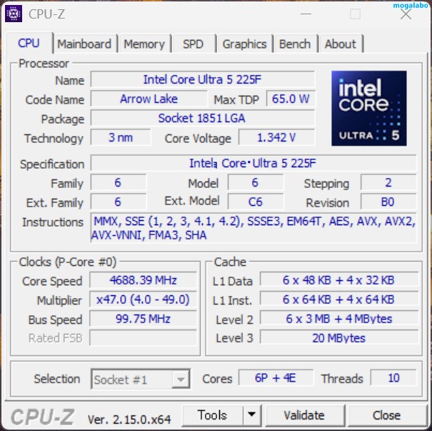 CPU-Zで取得したCore Ultra 5 225Fの情報