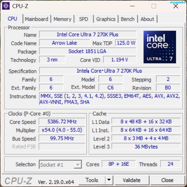 Core Ultra 7 270K PlusのCPU-Z