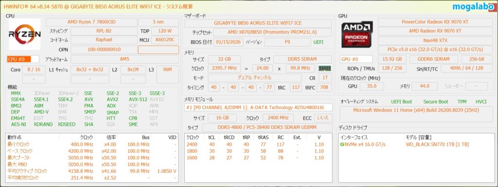 Ryzen 7 7800X3DとRX 9070 XTのシステム概要