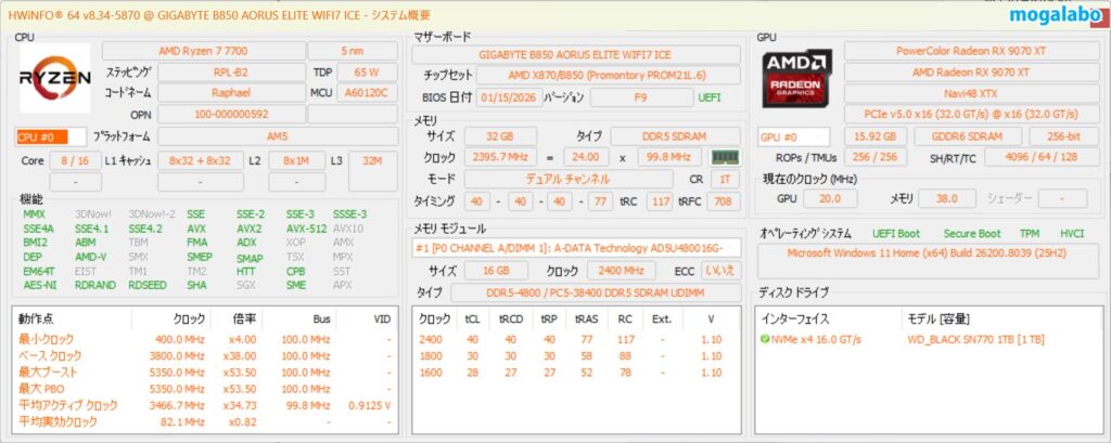 Ryzen 7 7700とRX 9070 XTのシステム概要